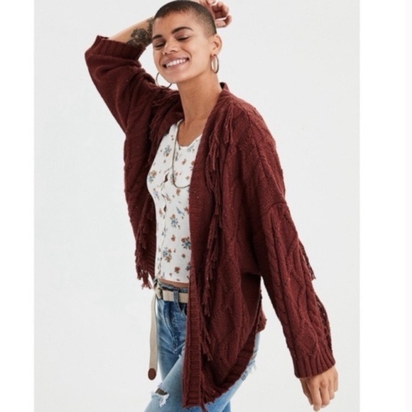 American Eagle Western Boho Fringe Open Cable Knit Cardigan Size XS - Picture 1 of 11